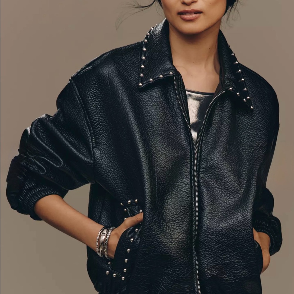 Anthropologie The Rylie Studded Faux Leather Bomber Jacket by Pilcro